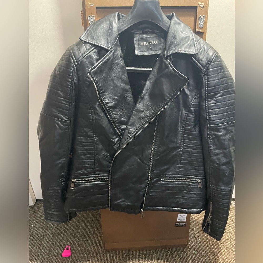 Bellivera Black Asymmetrical Zipper Motorcycle Faux Leather Jacket Size XXL